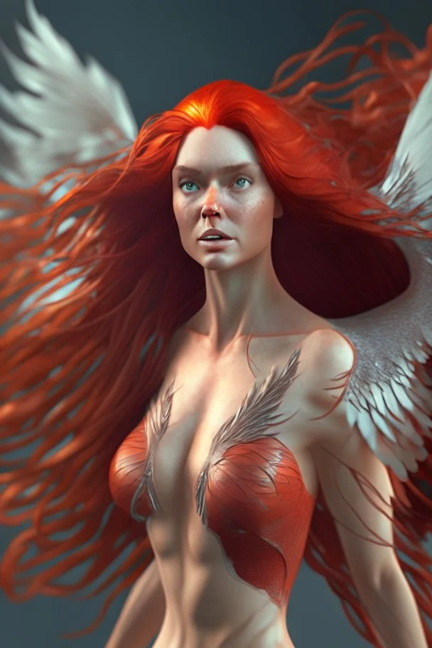 Full body realistic photo of stunning beauty woman royal phoenix woman with long red hair fluttering in the wind and scaly wings, minimal clothing, extremely muscular, dynamic pose, perfect detailed face, detailed symmetric hazel eyes with circular iris, realistic, stunning realistic photograph, 3d render, octane render, intricately detailed, cinematic, trending on artstation, Isometric, Centered hipereallistic cover photo, awesome full color, hand drawn, dark, gritty, mucha, klimt, erte 12k,