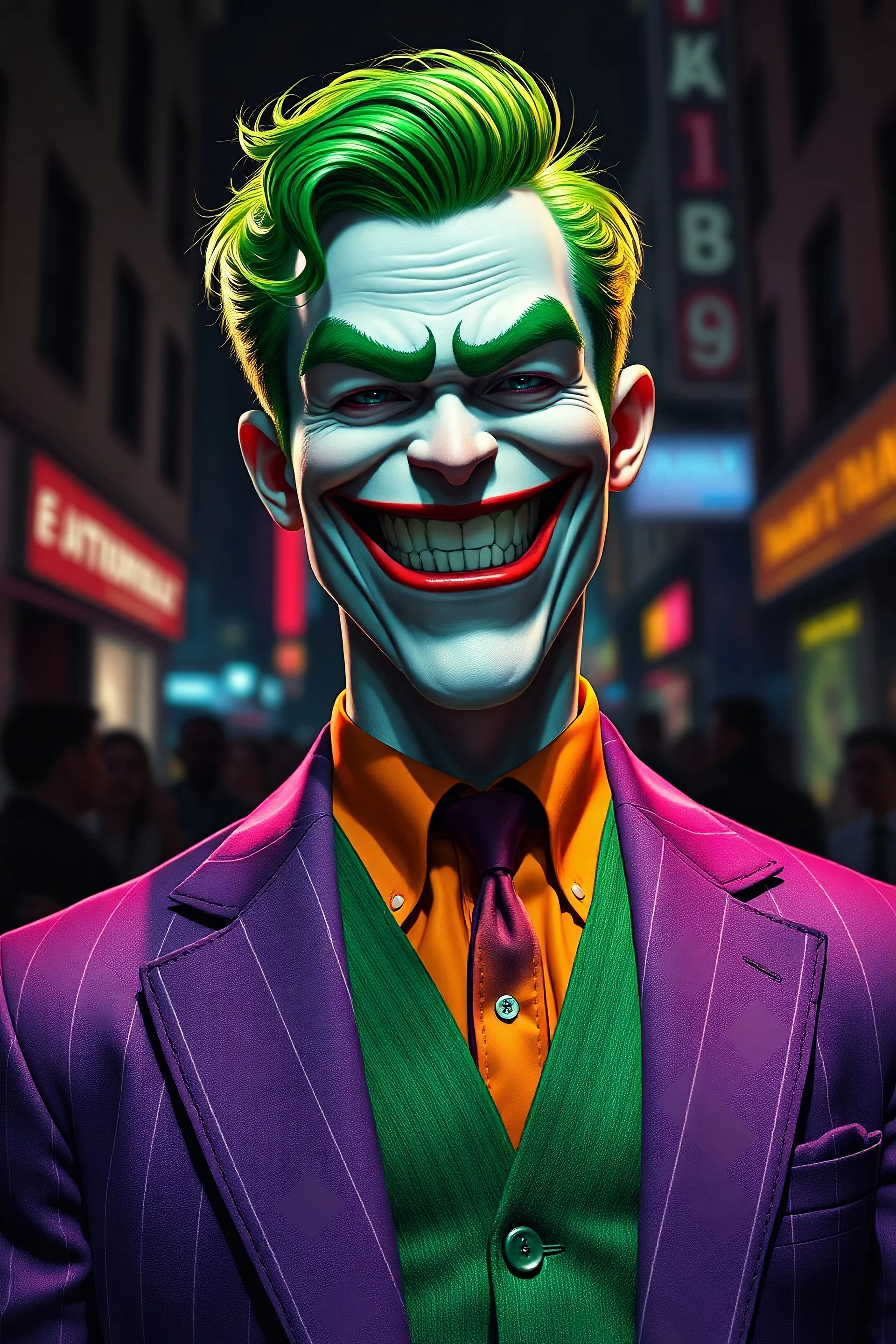 Jack Nicholson, The Laughing Man - A tall, muscular 20-year-old man, with (((Short, crew cut wavy green hair tapered on the sides and back:1.5))), his face is white with red lips permanently stuck in an evil grimace/smile, he has thick, bushy green eyebrows He wears a purple pinstriped jacket over a green waistcoat and an orange button up shirt with a purple tie, ((Photorealistic)), ((Cinematic Lighting)), the background is a Dark, neon lit city