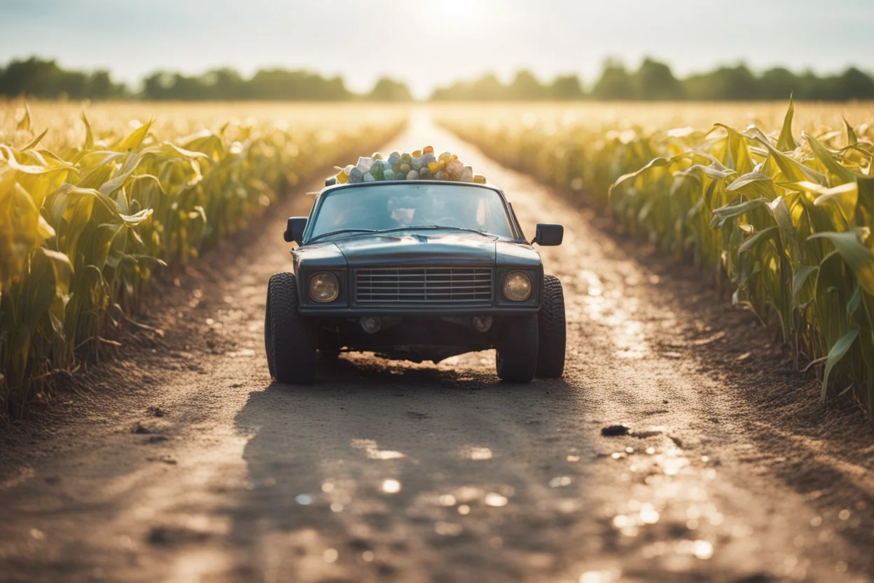 a plastic bottle car made of several plastic bottles on a dirty road next to a corn field in sunshine a little black boy standing happily next to it, ethereal, cinematic postprocessing, bokeh, dof