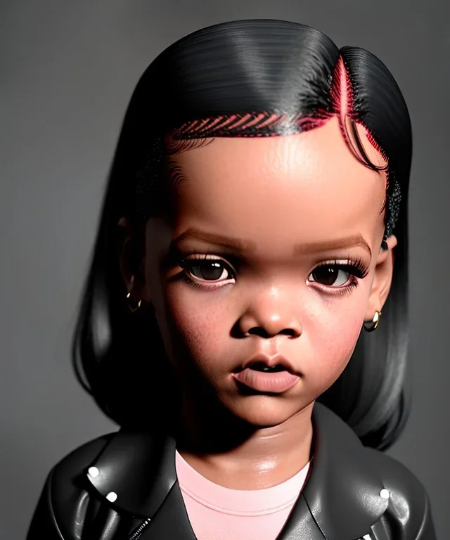 Rihanna toddler, full body, leather jacket, soft skin, dramatic lighting, hyper realistic