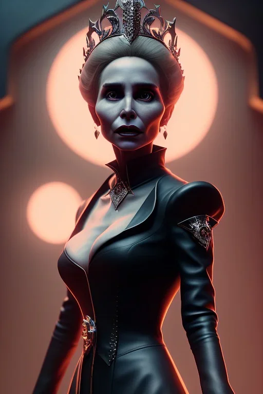 Constance Langdon as evil queen in black leather, leather, busty, cleavage, angry, stern look. character design by cory loftis, fenghua zhong, ryohei hase, ismail inceoglu and ruan jia. unreal engine 5, artistic lighting, highly detailed, photorealistic, fantasy