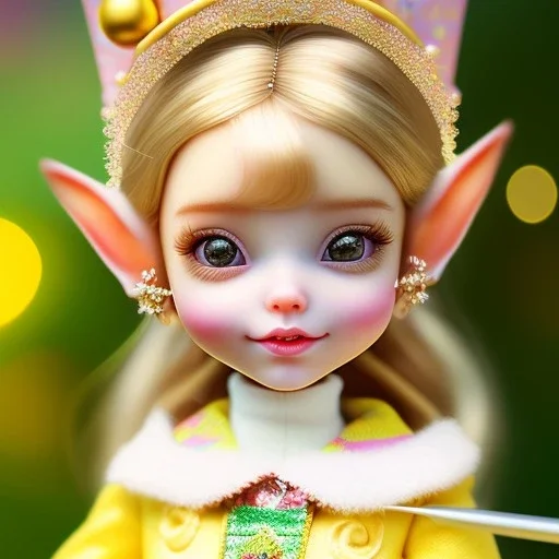 close up on cute elf as dollie deluxe, bright eyes, post card, toy train, front teeth, skin imperfection, princess tiara, cup of tea, toy dog, green and yellow