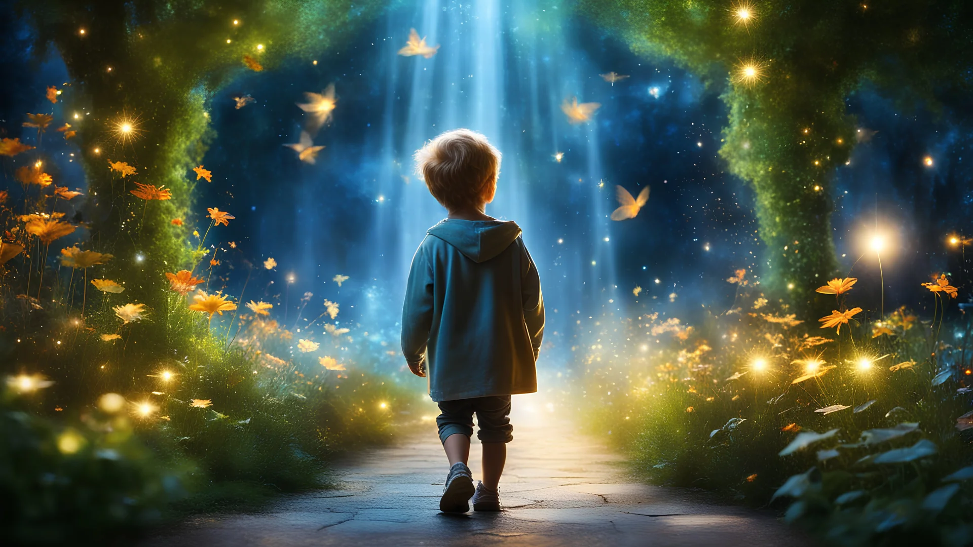 Un beau petit garçon erre dans son monde imaginaire enchanté, Parmi les merveilles, qu'il adore explorer. Nuit enchantée, plantes magiques, fontaines de lumière, lucioles dansantes, fées lumineuses. Ses rêves sont vastes, pleins de beauté, Chaque instant est un nouveau bonheur. Dans son univers, tout est merveilleux, Un monde imaginaire, tendre et lumineux. Bel éclairage, composition attrayante, photoréaliste, extrêmement détaillée, clair-obscur, règle des tiers.