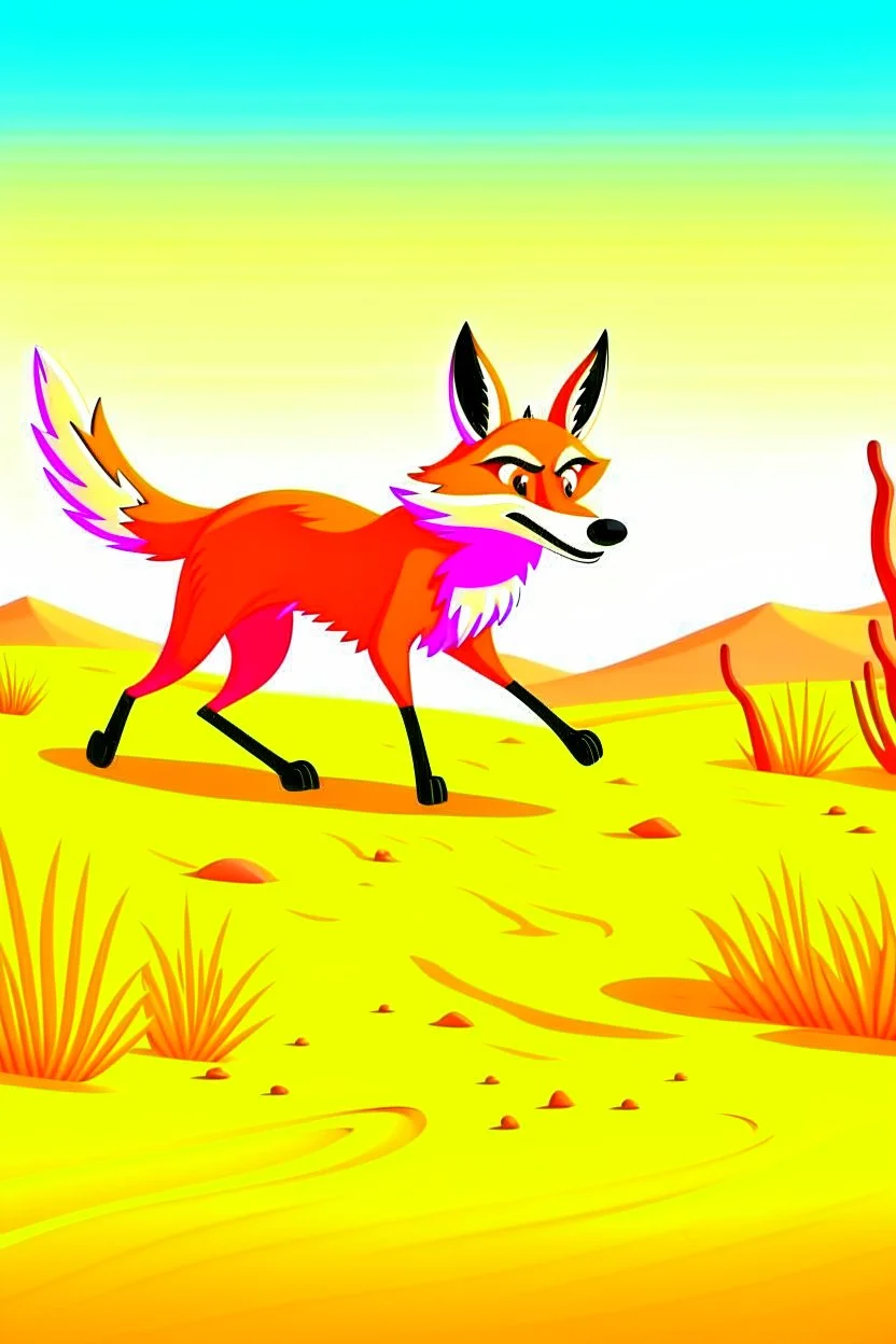 A fox runs after animals in the desert and kills everyone it meets cartoon 2d