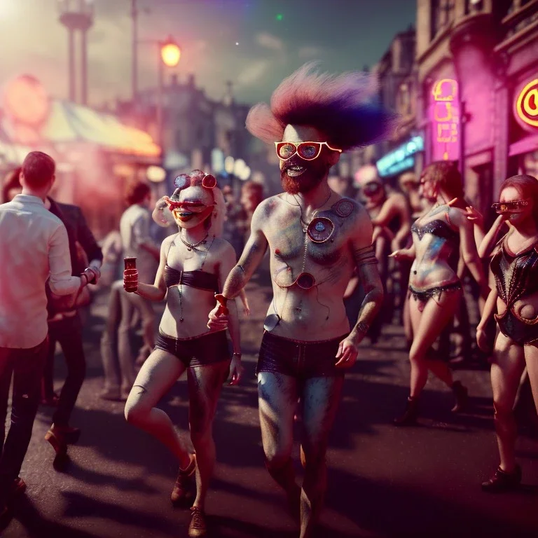 Ultra Realistic photo, medium shot view, drunken women, carnival scene, freak steampunk. hair monster, Sunglasses, smoking, happy, hot. Cabaret background, highly detailed, concept art, unreal engine 5, ray tracing, RTX, lumen lighting, ultra detail, volumetric lighting, 3d, finely drawn, high definition, high resolution.