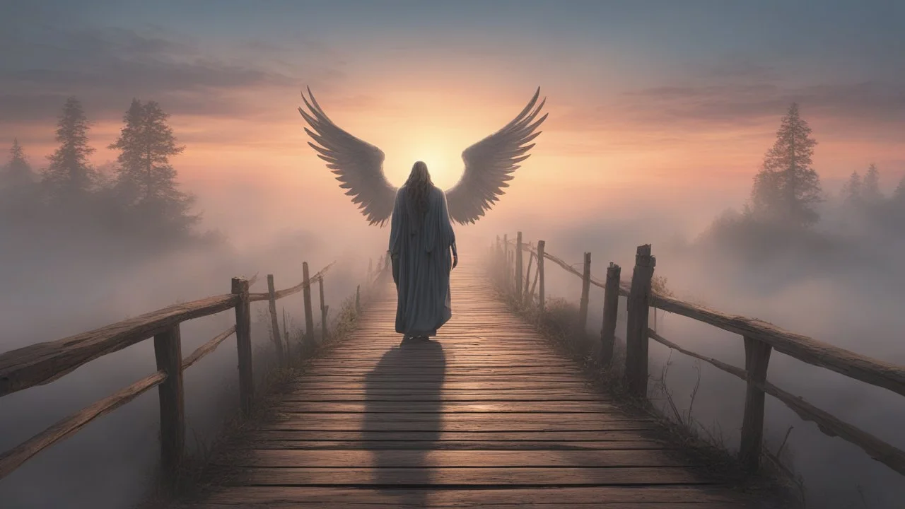 walking straight ahead over a wooden bridge, holding the angel of death with your right hand, entering the fog at the end of the road that leads to the afterlife, and a beautiful sunset and galaxy's behind the fog, realistic