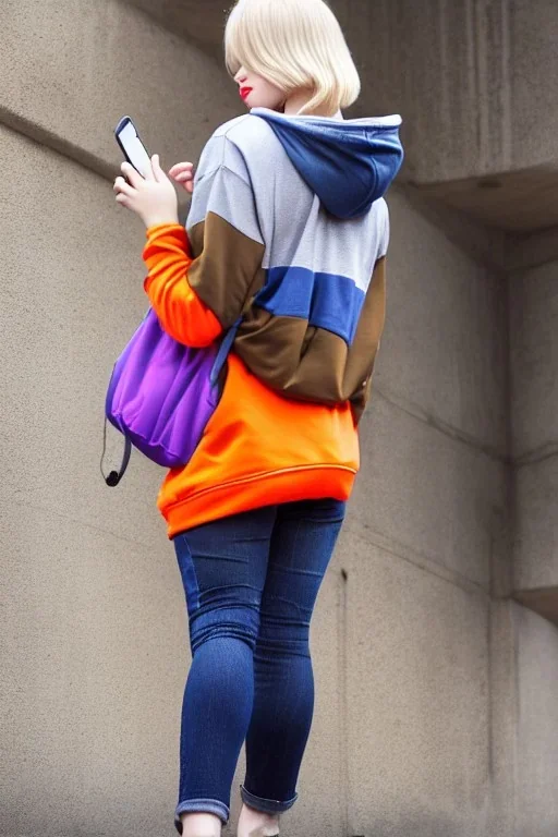 blonde taking selfie.thick thighs,thick calves,flat belly,curvy fell. NOVEL kind of hoodie, form which condescends with integrated bag[SIC]. It is sewed together of camouflage pieces, whose color are all denim colors, orange, cream, brown and purple. Big colored headphones (gold rings!) is merged with small felt cap with small visor. It is with big bright purple felt tippet and birght-colored-hood is merged with colorful beanie. Style: 1990's Finland