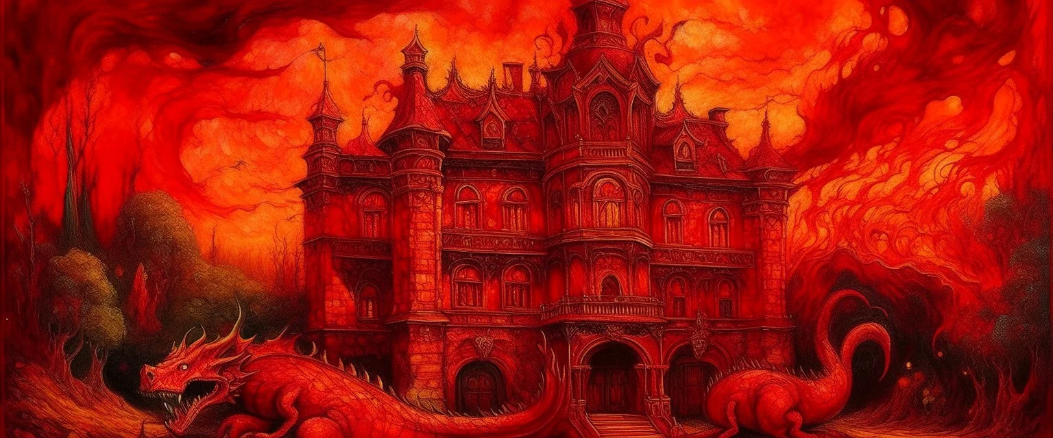 A dark reddish magenta fiery palace with a dragon guarding it painted by Vincent van Gogh