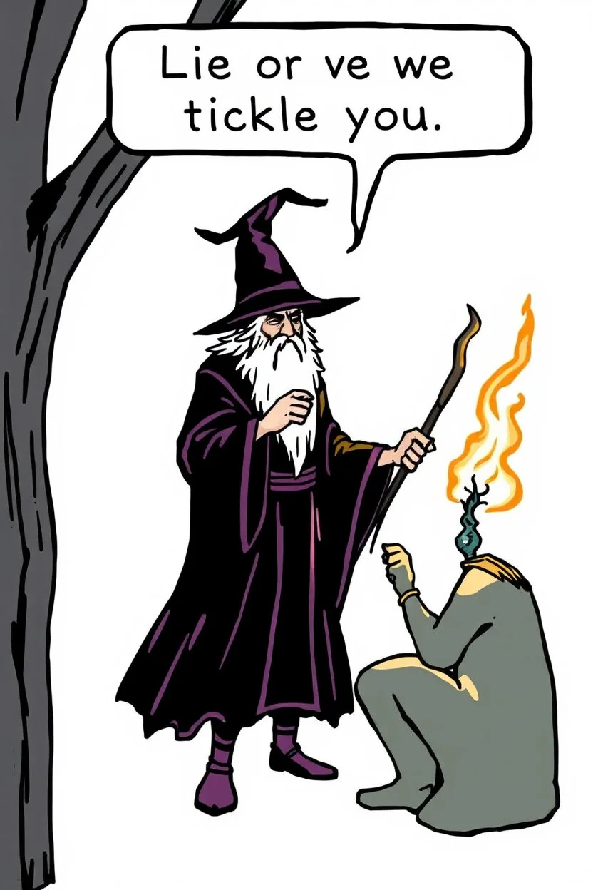 Wizard saying:"Lie or we tickle you."