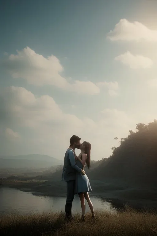 a couple kissing, background blueish sky, cinematographic, 3d render