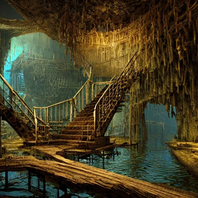 abondoned mine shaft with long metal staircase into murky brackish water, cavernous mine shaft, flooded, 8k resolution, 3D octane render, intricate, sharp, crisp, ultraHD, digital art, detailed matte, volumetric lighting George Grie, Anne Dittman, Anne Stokes, Lisa Parker, Selina French, brian froud, howard lyon,