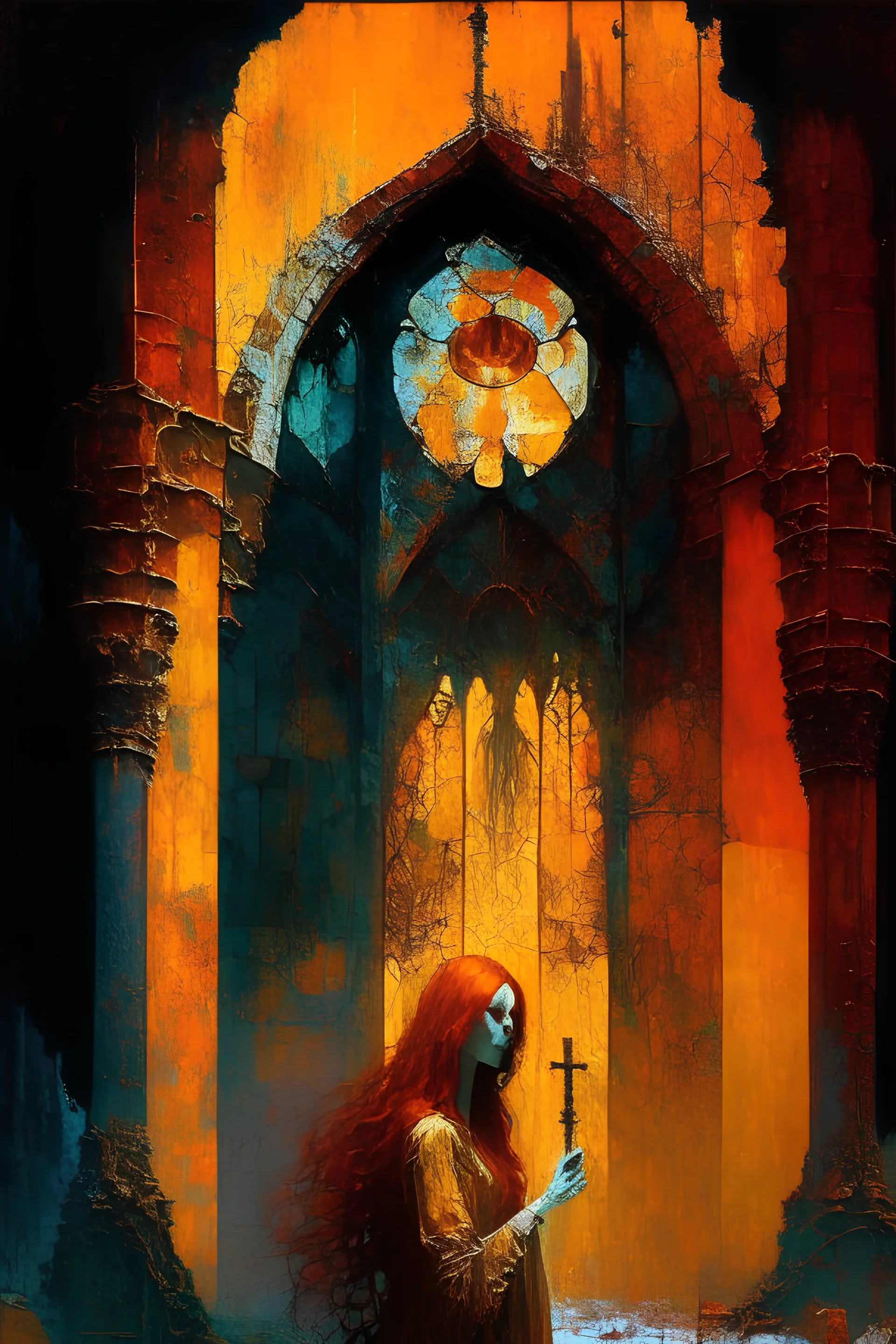 Decrepit ruined church with beautiful priestess with red hair holding a golden blood chalice in front of broken stained glass in orange smoke beksinski