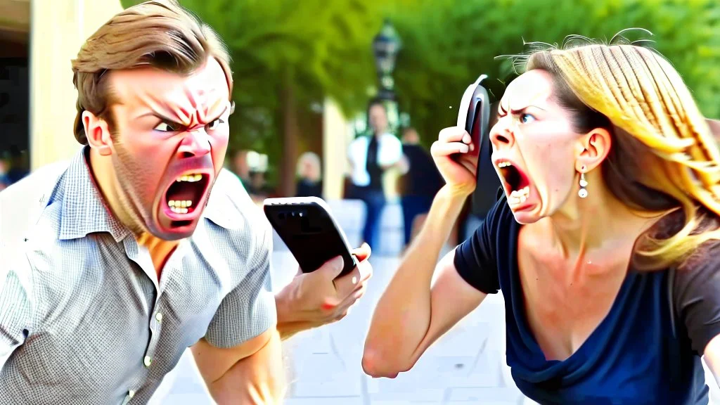 man angry on phone a lady yells from behind him