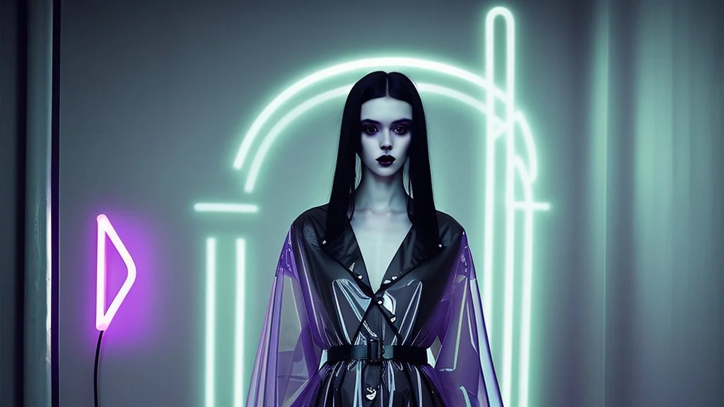 painting by koson ohara and marta bevacqua, portrait of a beautiful goth woman with long black hair, wearing a plastic raincoat, purple neon lighting, 8k, high quality, highly detailed