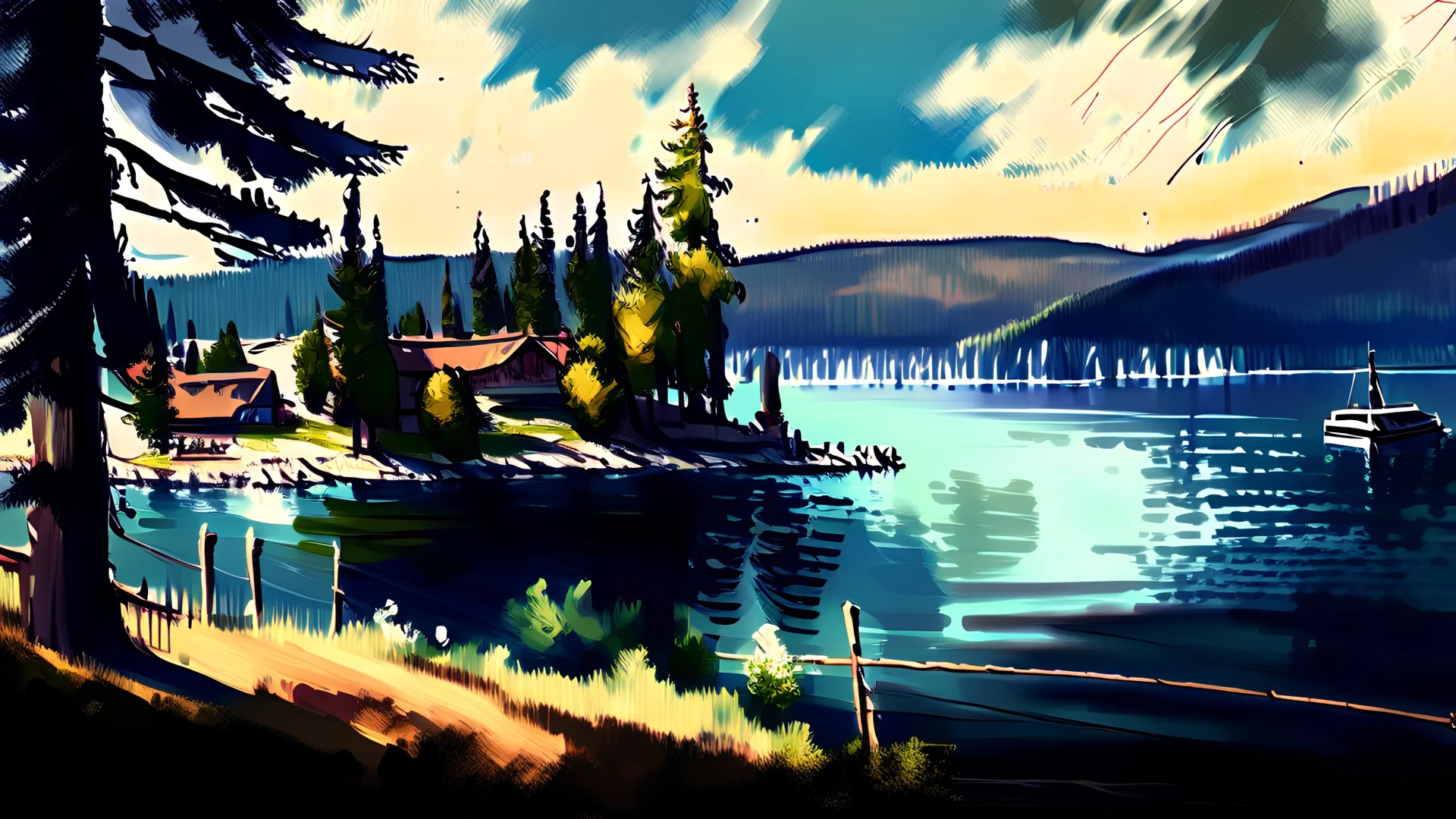 Couer D Alene lake drawn in rpg painterly art style