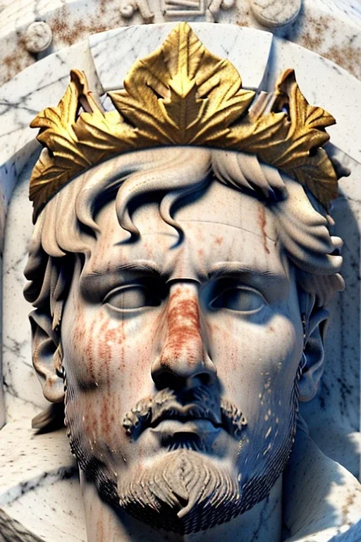 Ultra Realistic image, Roman sculpture, white marble material, Lionel Messi, gold Laurel leaves wreath, renaissance ornaments, one gold star in heart, sun ornament, sun rays background, chisel style, waist up portrait, emperor style, epic, celestial, cinematic lighting, God light, god rays, 4k resolution, smooth details, ornate details, soft lighting, unreal engine 5, art station, substance 3d.