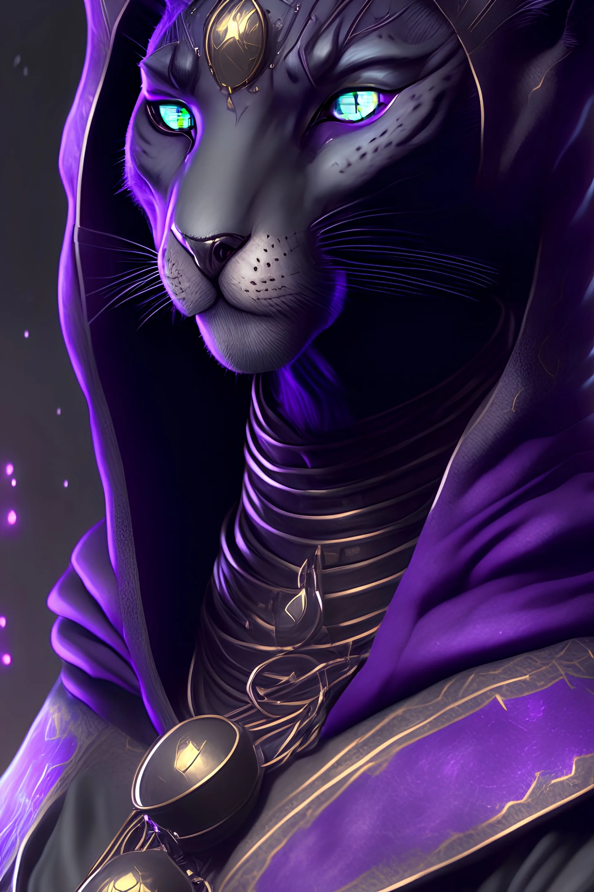 photorealistic female tabaxi black jaguar sorcerer, green eyes, hyperdetailed painting, black clothes trimmed in purple and silver, 4k resolution concept art, Artgerm, WLOP, Alphonse Mucha, 3d render, octane render, intricately detailed, cinematic, Isometric, Centered hipereallistic cover photo awesome, dark, gritty, realistic mucha, klimt, cinematic, background is nighttime forest scene with mist