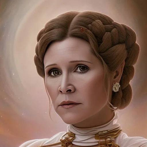 hyperspace background, complete and photo realistic detailed head to waist stunning photo realistic portrait of carrie fisher as Princess Leia in star wars with photo realistic updo hair by Mandy Jurgens and mucha and Richard Schmid and chuck close and chie yoshii, extraordinary and detailed ceremony dress of star wars,brown eyes