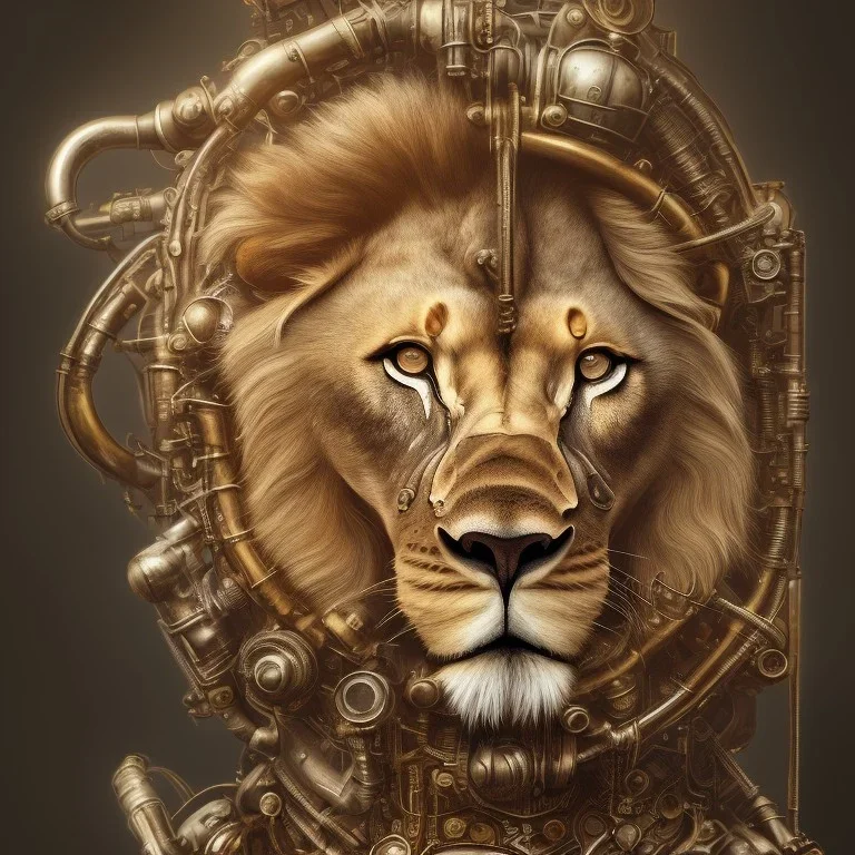 a lion made of steam punk elements, high detail, live, photo, kybernetic