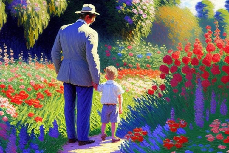 An oil painting of a father with his son in a flower garden by artist "Claude Monet"