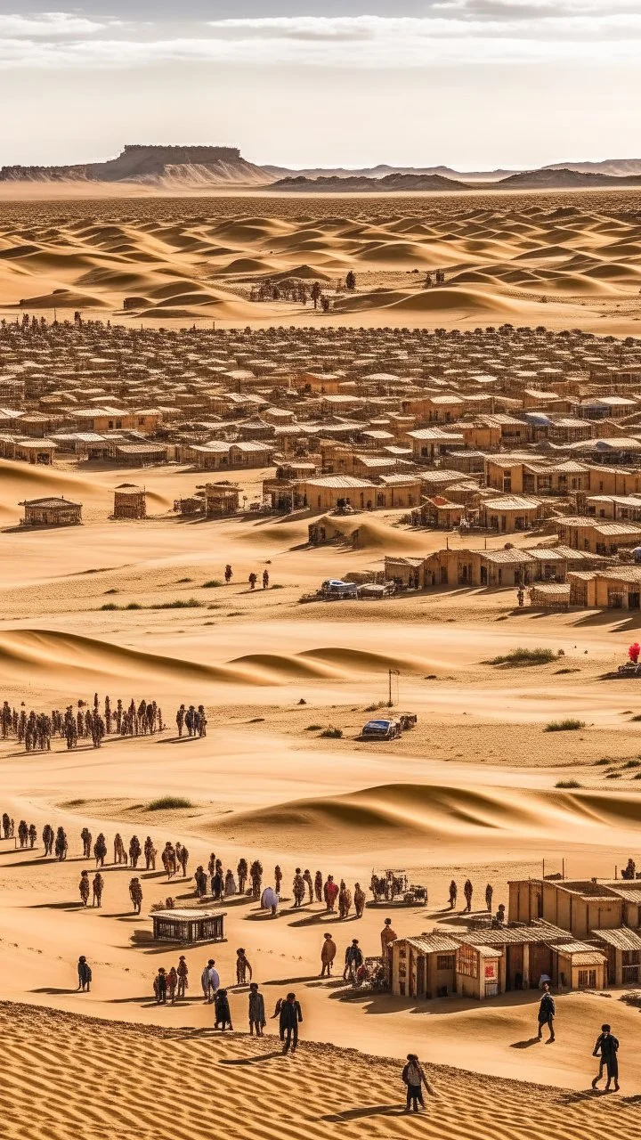 Vast villages in desert with people