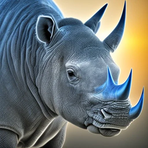 realistic photo realistic, symetrical, centered, ultra detailed, digital art, in center is a portrait of highly detailed profile of head rhino , eyes filled with galaxy, dominating colors = gray light blue and dark gold, lightning, smoke,