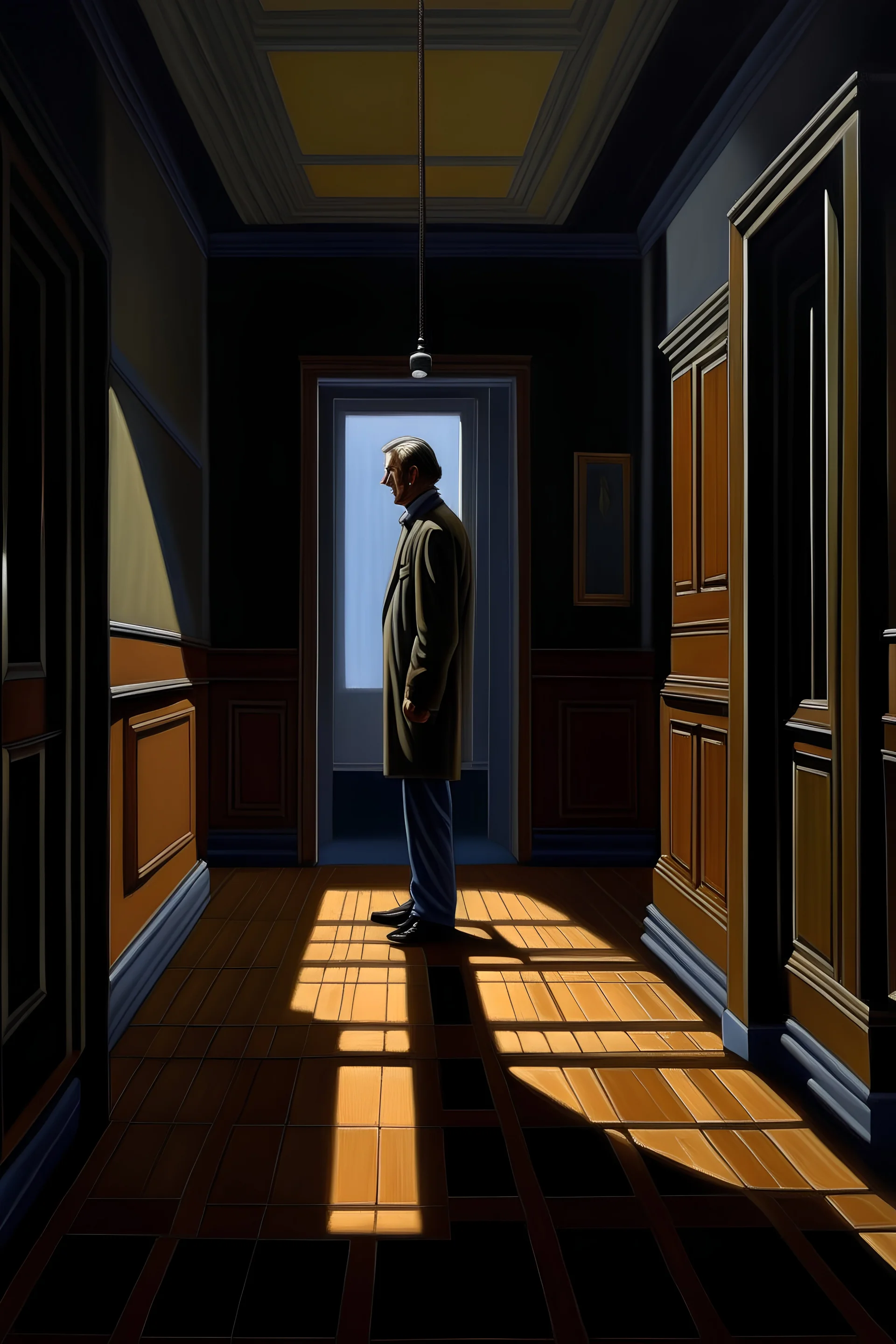 a painting of a person standing in a hallway, an ultrafine detailed painting by Rockwell Kent, featured on deviantart, metaphysical painting, wiccan, chiaroscuro, oil on canvas