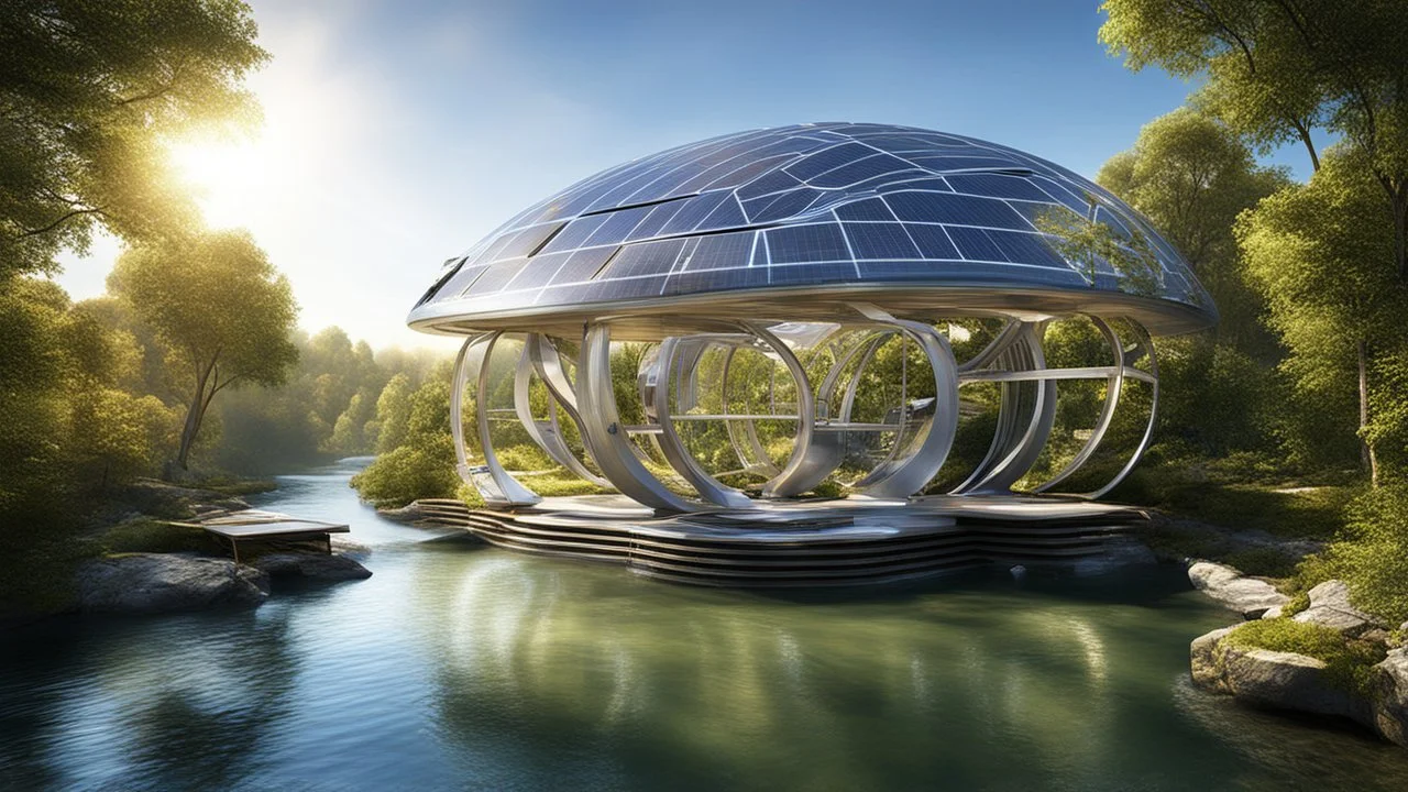 6003. Innovative environmentally-friendly home, solar panels, water wheel in river, alternative energy, scientific experiment, home of the future, fantasy, robotic, automated, spectacular, futuristic, beautiful lighting, attractive composition, photorealistic, extremely detailed, chiaroscuro