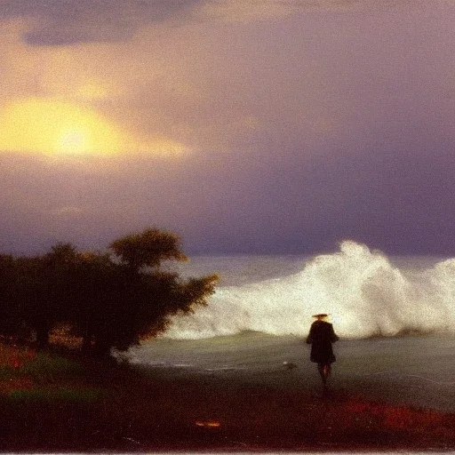 George Inness, painting, trees, ocean, waves, thunderstorm, photo realistic, 8k, sunrise