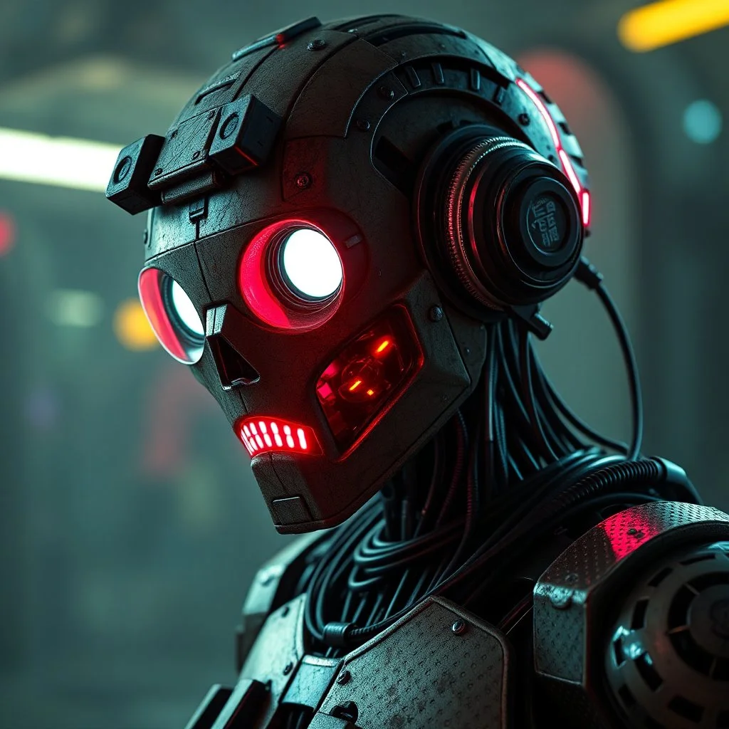 a robot from a dystopian future, inspired by fallout, cyberpunk aesthetic, worn with age, neon