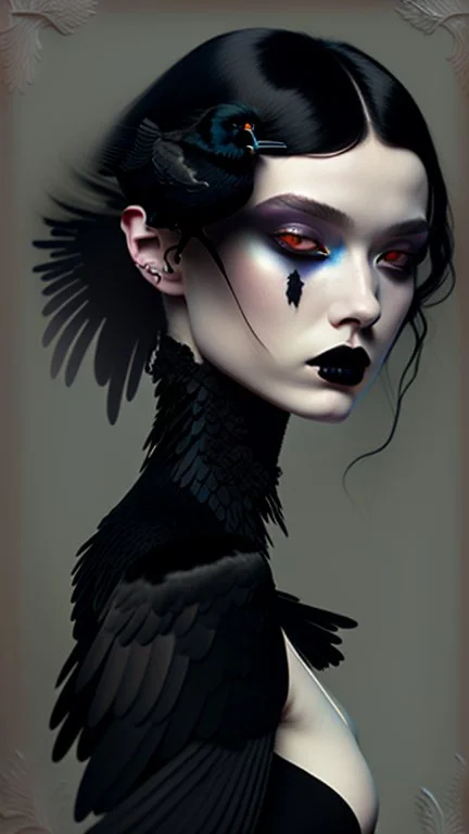 painting by koson ohara and marta bevacqua, portrait of a beautiful goth woman with black hair Caress a crow, wearing a black dress, 8k, high quality, highly detailed full body