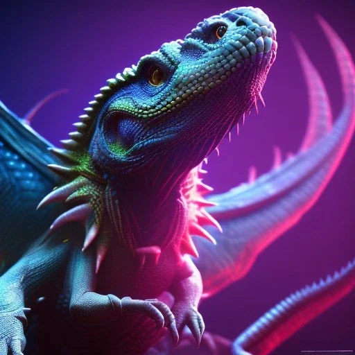 reptile like creature, wings, feathers, ultraviolet dimension, epic, big, beautiful, attractive, colourful, carnivore, deep colours, 8k resolution, dynamic lighting,ultra hyperdetailed, intricately detailed, Unreal Engine 5