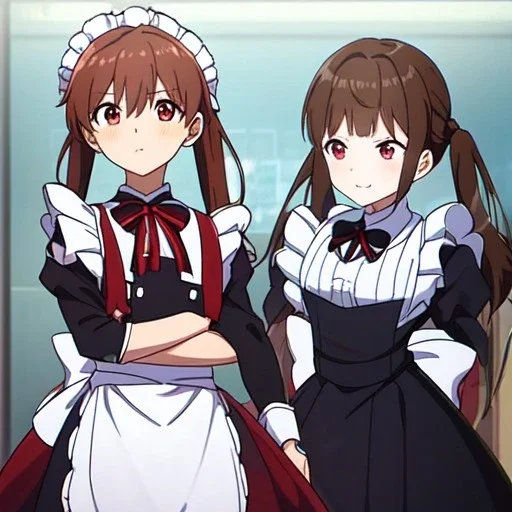 Clear focus, High resolution, Rough line, cute, anime style, red eyes, sparkling eyes, brown hair, red eyes, wearing a maid outfit, long twin tails, long bangs, anime screencap, choppy long bangs