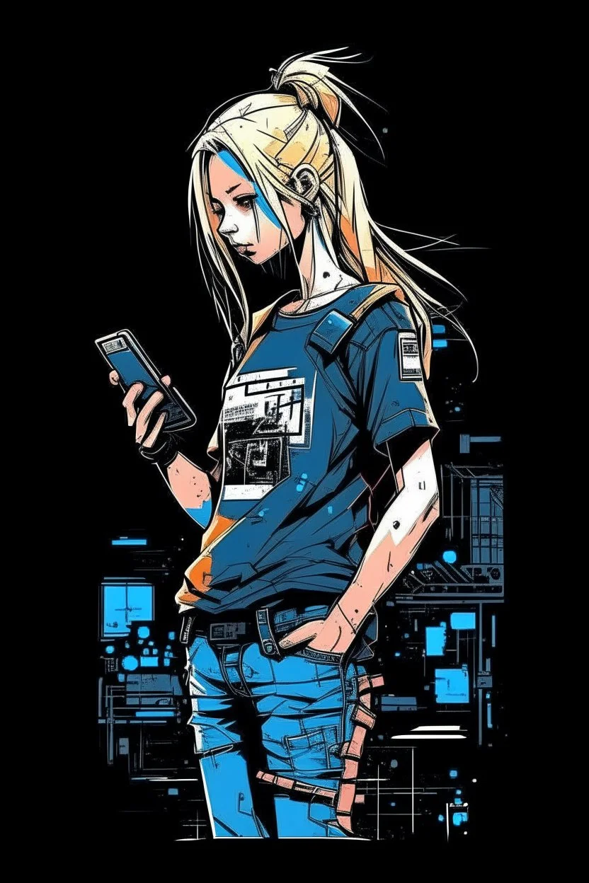 girl, blonde, , cyberpunk, holding a cellphone, comic book art style, geek, engineer, t-shirt, jeans, drug addict, ,