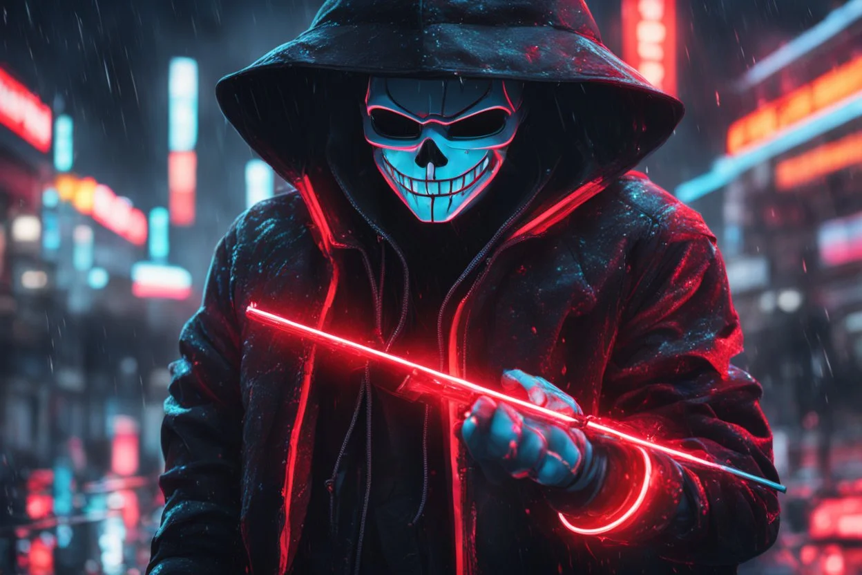 Sans in 8k realistic anime artstyle, neon effect, red, close picture, rain, fantasy world, intricate details, highly detailed, high details, detailed portrait, masterpiece,ultra detailed, ultra quality