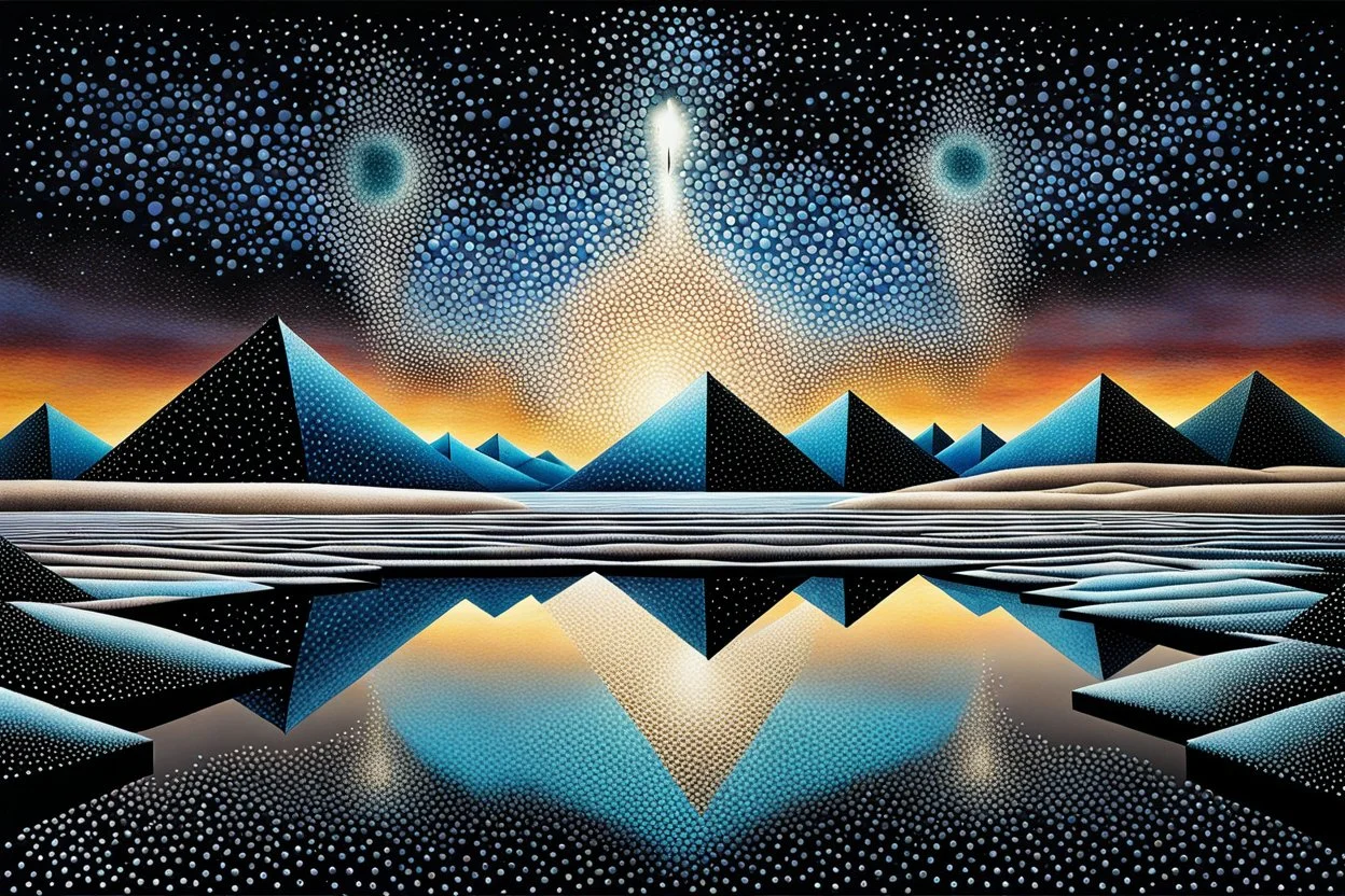 Pointillism surreal abstract landscape, standing and floating geometric shapes with shadows, reflections in iced-desert scene, dark complementer colours, surreal sky, lightning, detailed, masterpiece