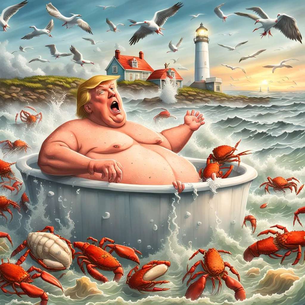 Donald Trump as a Fat man in a claw foot bathtub sinking in the ocean. Water lapping at the top of the tub. Panic on his face. Scared, screaming for help. Surrounded by seagulls, lobsters and crabs. there is a colorful light house with stormy skies in the background. Lightening and wind blows. He's in trouble.