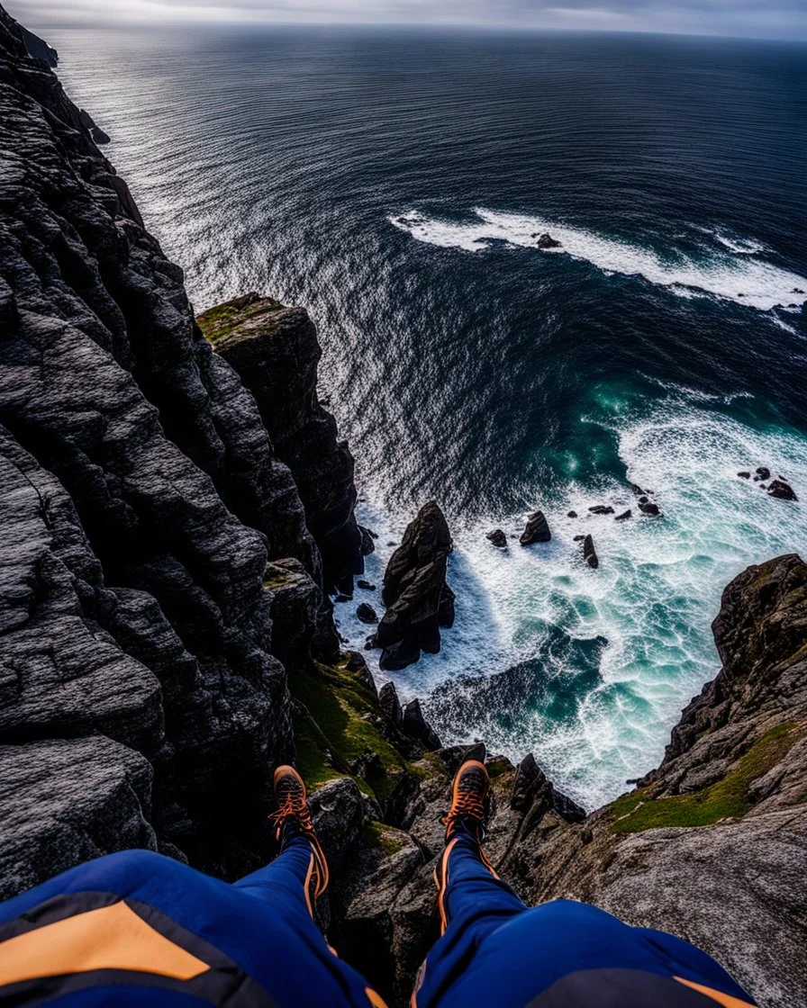 from the point of view of a rock climber, look down at the ocean rocks below as you climb high into the bluffs of ireland. holding on to the cliff face, the ocean below storms and swirls around a giant whirlpool, a great pit in the ocean
