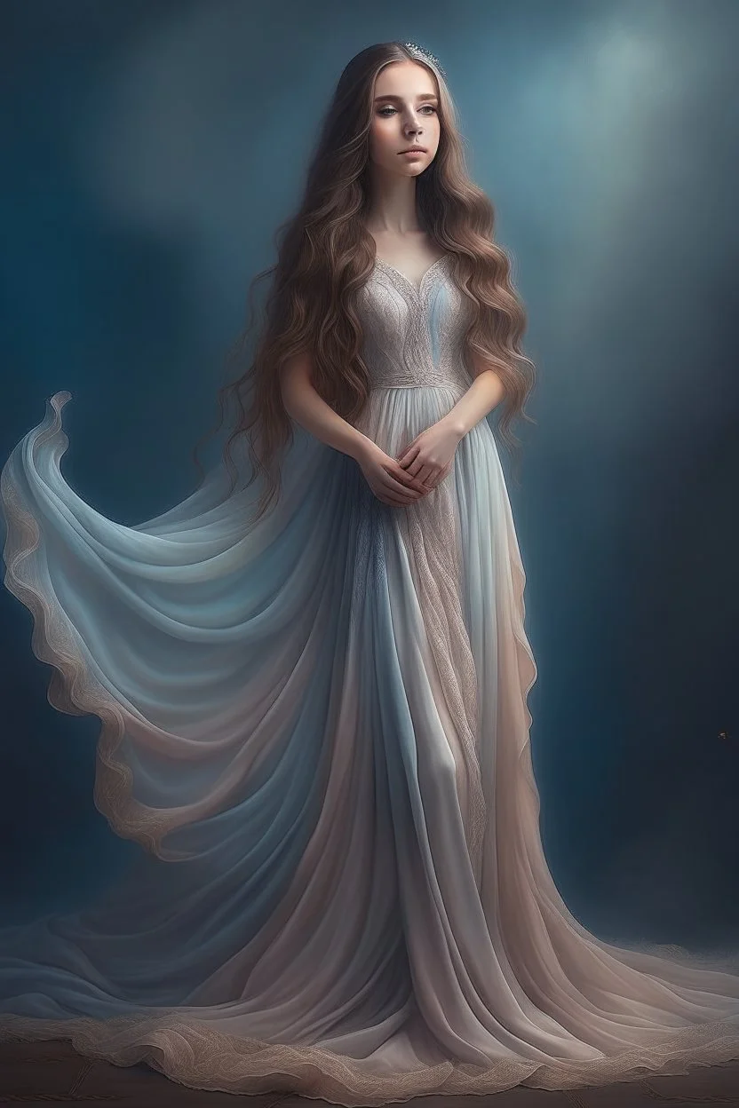 ethereal, ethereal dress, goddess, beautiful woman, dreamy, long wavy hair, big eyes, sophisticated,, hyper realistic, hyperrealism, photoreal, realistic, photorealistic, soft pastels, full-body, standing, long shot, wide angle