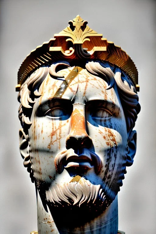 Ultra Realistic image, Roman sculpture, white marble material, Lionel Messi, gold Laurel leaves wreath, renaissance ornaments, one gold star in heart, marble and gold ornaments background, chisel style, waist up portrait, emperor style, epic, celestial, cinematic lighting, God light, god rays, 4k resolution, smooth details, ornate details, soft lighting, unreal engine 5, art station, substance 3d.