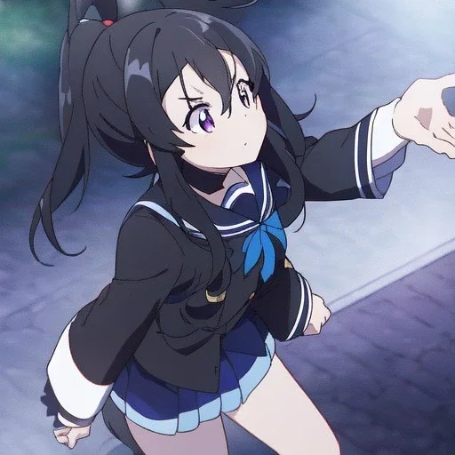 Clear focus, High resolution, short black fluffy hair, long locks, chopped bangs, pony tail, purple eyes, wearing a sailor uniform, (solo), anime screencap, pixel