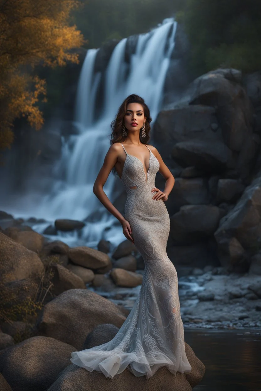 full shot body photo of the most beautiful artwork in the world featuring model, happy mood, High Detail, dramatic, photo realistic, ultra sharp, ultra hd, hyper realistic, ultra realistic, ((((dress)))), trending on artstation, sharp focus, studio photo, intricate details, highly detailed, standing in nice pose in country side with river ,water fall ,rocky valley,mountains at background, pretty clouds