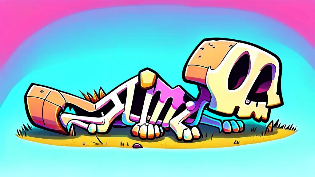 chibi-style bony animal bones, big ribs pointing up, lying on the ground, cartoony, colorful, exaggerated, simplified,