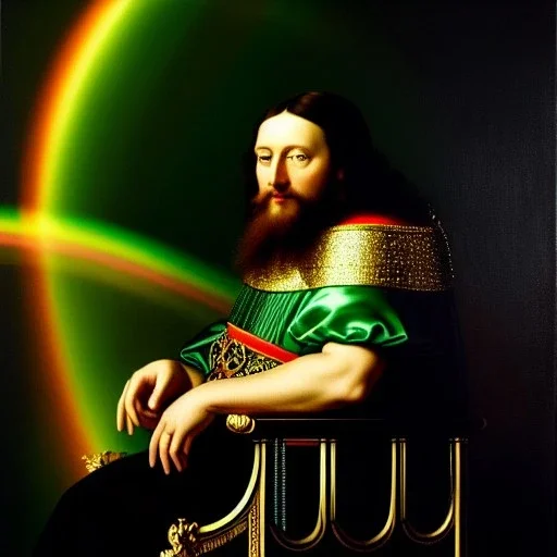 portrait oil on canvas,a throne was set in heaven, and one sat on the throne. And he that sat was to look upon like a jasper and a sardine stone: and there was a rainbow round about the throne, in sight like unto an emerald, mystical colors,insanely detailed,realistic,intrincate detail, 16k resolution, masterpiece,Simon Bisley,Frank Frazetta, Alex Horley,Tze Kun Chin,ARTHUR ADAMS