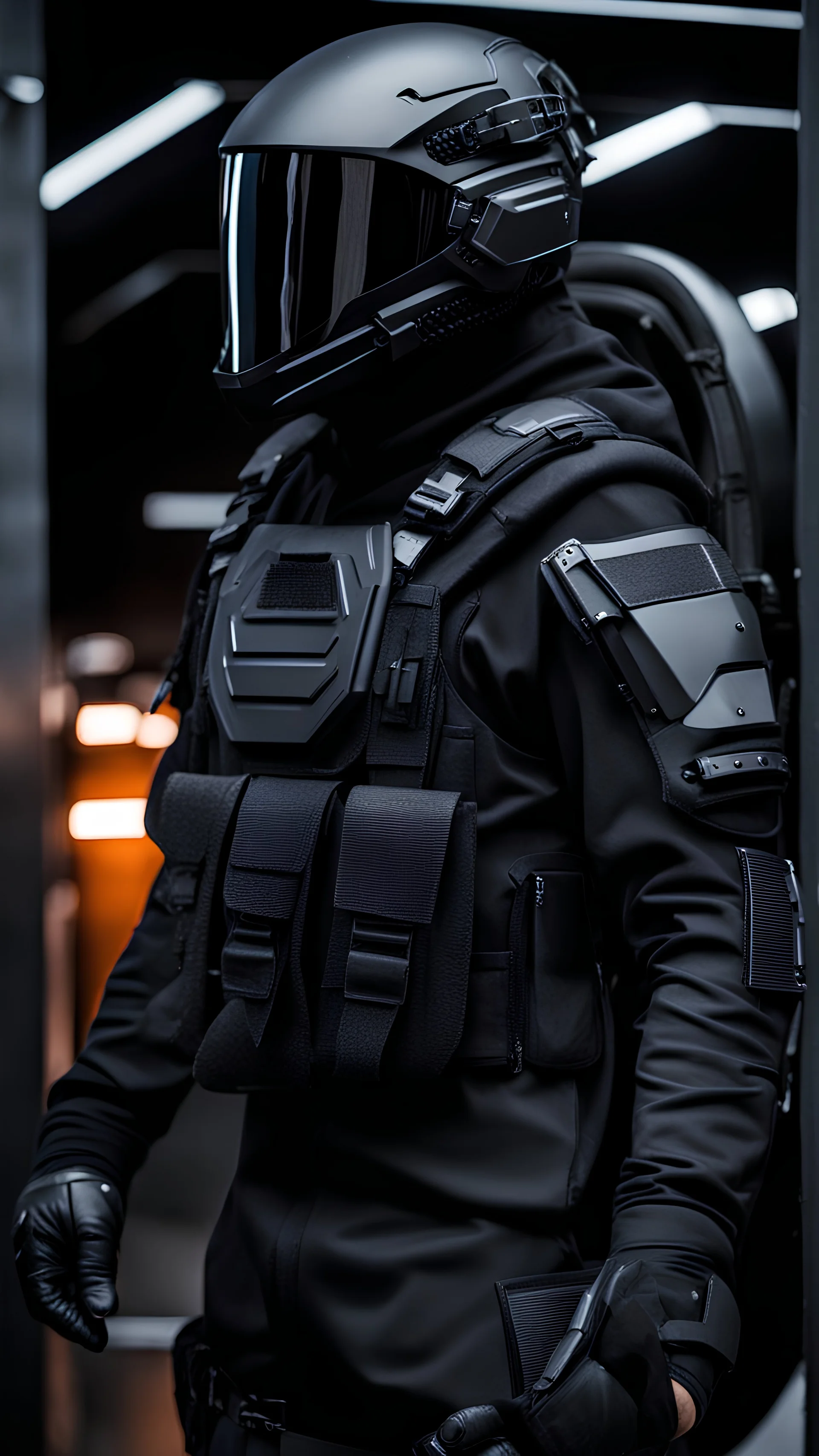 teenager male dressed with futuristic black tactical gear