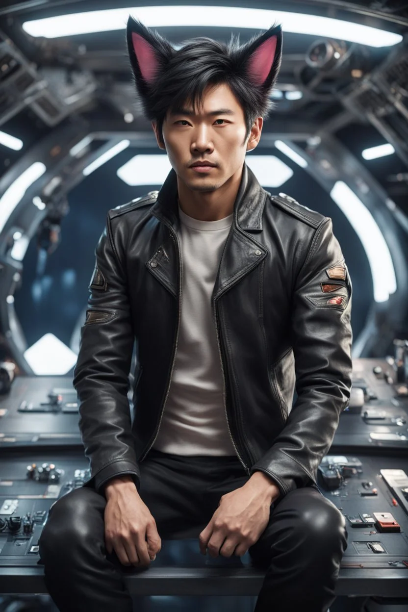 Male Asian actor with cat ears in a leather jacket, on a spaceship deck