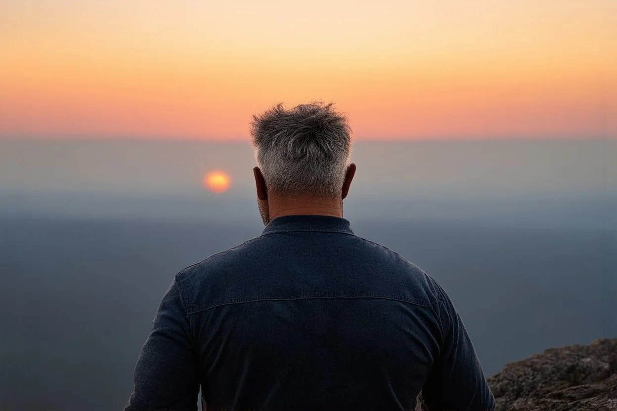a brawny man with grey hair views sunset from a cliff