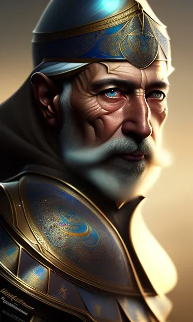 An old Arab knight man , head and shoulders portrait, 8k resolution concept art portrait by Greg Rutkowski, Artgerm, WLOP, Alphonse Mucha dynamic lighting hyperdetailed intricately detailed