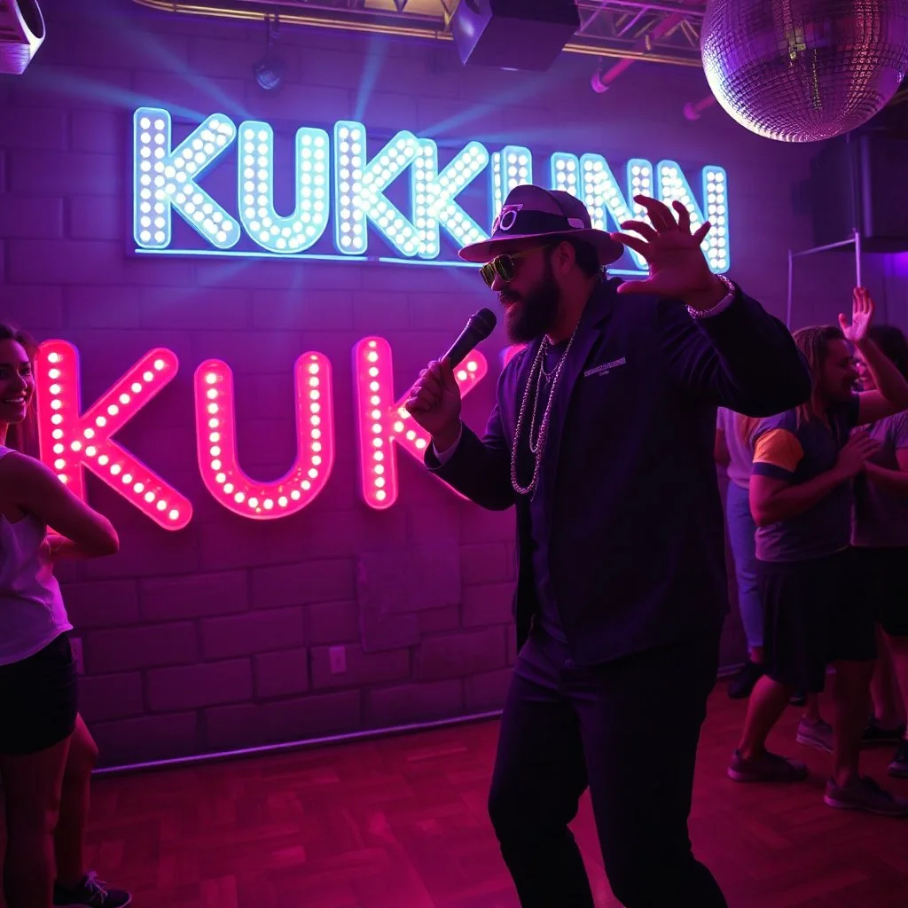 MR Kukrunk is Benny and DJ Roy in a disco, dancing, "Kukrunk" on sign wall, disco light, strobe, disco ball, dancing people