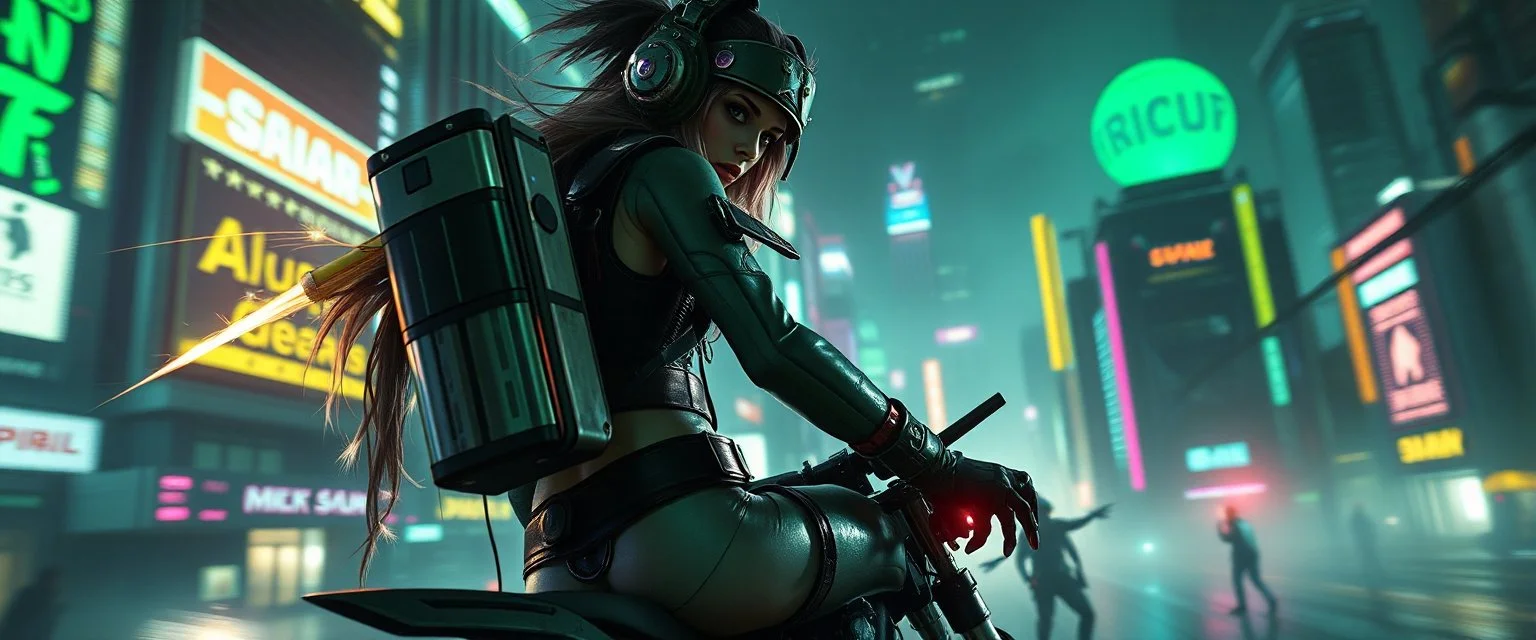 cyberpunk space city, in valley, close up on A space pirate priest rogue cowboy girl biker with disco ball rocket shooting sparks backpack named Daisy started doing the splits, Blew a fuse in his hips and short-circuited his bits, The Martian fluffy gremlins went wild, the Plutonians dogs screamed, Even black-and-white aliens turned ultraviolet green! in the style of fallout 4 and HR Giger, background motion blur , and volume fog spot lights